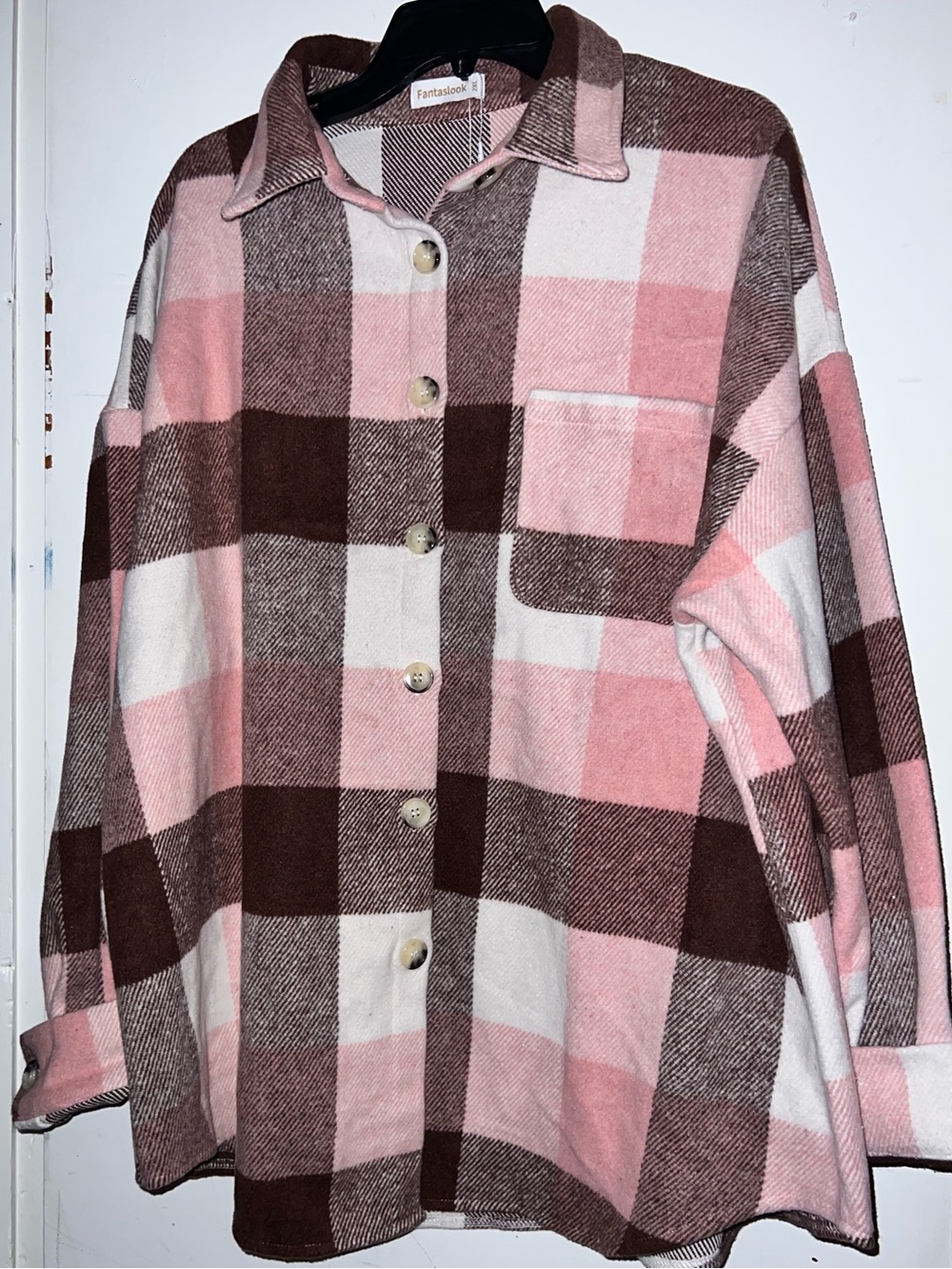 Fantasilook Pink, Brown & Cream Plaid Utility Shacket